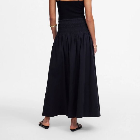 Madewell Smocked Waist Cotton Poplin Relaxed Midi Skirt Black Size L NWT - Picture 3 of 11
